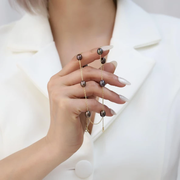 925 Ayar Gümüş Değerli ve Doğal Kahverengi Tatlısu İncisi Kolye Çap:8mm - CNP00125 - Resim 5