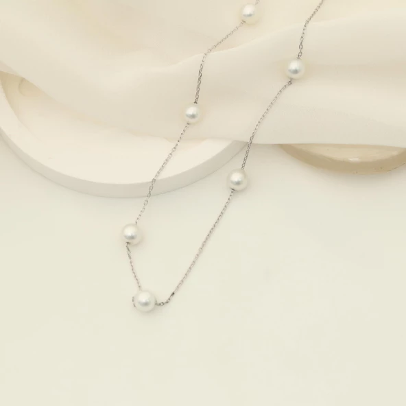 925 Ayar Gümüş Gerçek ve Doğal Kültür İncisi Kolye Çap:6mm - CNP00128 - Resim 4