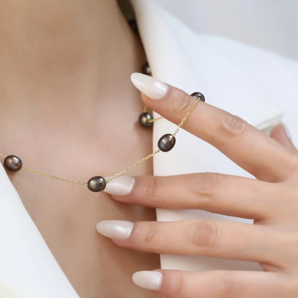 925 Ayar Gümüş Değerli ve Doğal Kahverengi Tatlısu İncisi Kolye Çap:8mm - CNP00125 - Resim 4