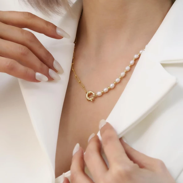 925 Ayar Gümüş Gerçek ve Doğal Tatlısu İncisi Bayan Kolye Çap:5mm - CNP00134 ürün görseli 1