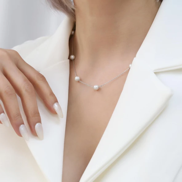 925 Ayar Gümüş Gerçek ve Doğal Kültür İncisi Kolye Çap:6mm - CNP00128 - Resim 2