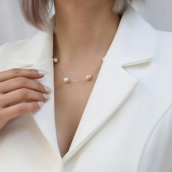 925 Ayar Gümüş  Gerçek ve Doğal Barok Tatlısu İncisi Kolye Çap:8mm - CNP00130 - Resim 2