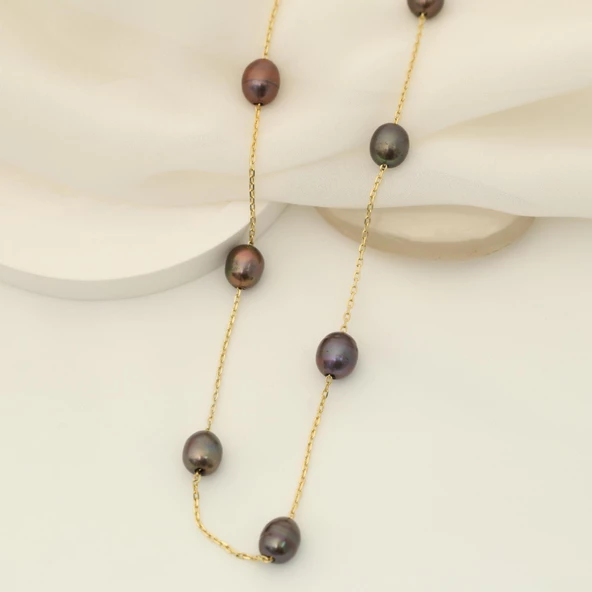 925 Ayar Gümüş Değerli ve Doğal Kahverengi Tatlısu İncisi Kolye Çap:8mm - CNP00125 - Resim 3