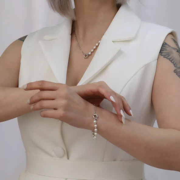 925 Ayar Gümüş Gerçek ve Doğal Kültür İnci Yarı Zincir Kolye Çap:7mm CNP00135 - 4