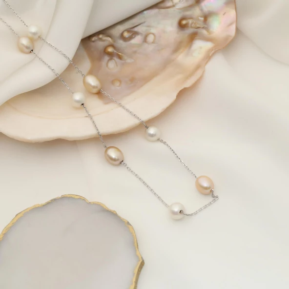 925 Ayar Gümüş  Gerçek ve Doğal Barok Tatlısu İncisi Kolye Çap:8mm - CNP00130 - Resim 3