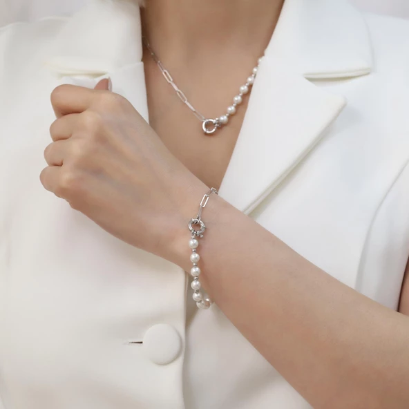 925 Ayar Gümüş Gerçek ve Doğal Kültür İnci Yarı Zincir Kolye Çap:7mm CNP00135 - 3