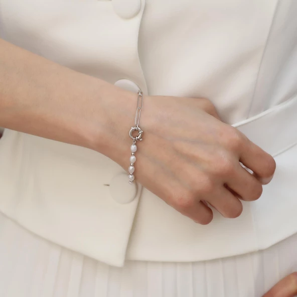 925 Ayar Gümüş Gerçek ve Doğal Barok İnci Yarı Zincir Bileklik Çap:5mm - CBP00150 - Resim 3