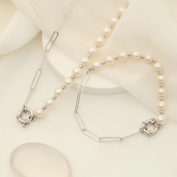 925 Ayar Gümüş Gerçek ve Doğal Tatlısu İnci Yarı Zincir Kolye Çap:7mm - CNP00132 ürün görseli 1