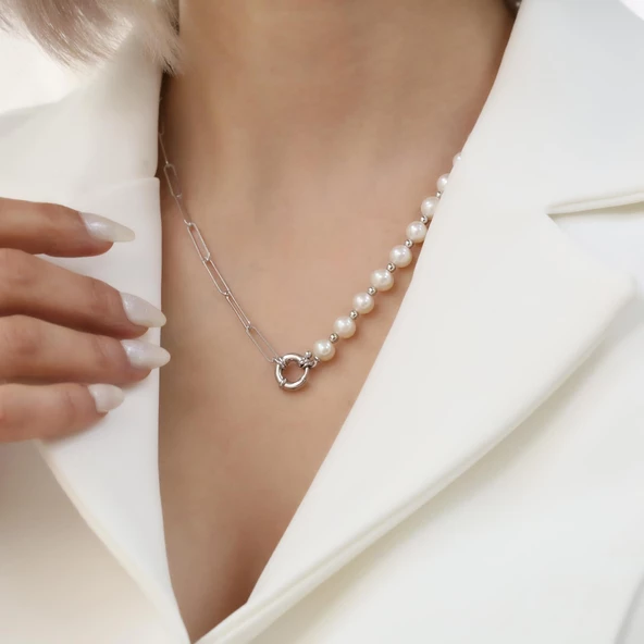 925 Ayar Gümüş Gerçek ve Doğal Tatlısu İnci Yarı Zincir Kolye Çap:7mm - CNP00132 - Resim 2