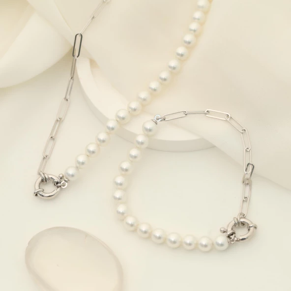 925 Ayar Gümüş Gerçek Kültür İnci ve Yarı Zincirli Kolye Çap:5mm - CNP00148 - Resim 2