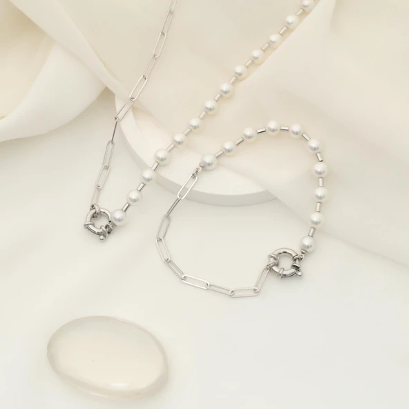 925 Ayar Gümüş Gerçek Kültür İnci ve Yarı Zincirli Kolye Çap:5mm - CNP00147 - Resim 2