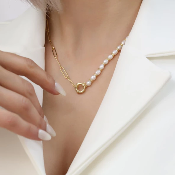 925 Ayar Gümüş Gerçek Barok Beyaz İnci ve Yarım Zincir Kolye Çap:5mm - CNP00143 ürün görseli 1