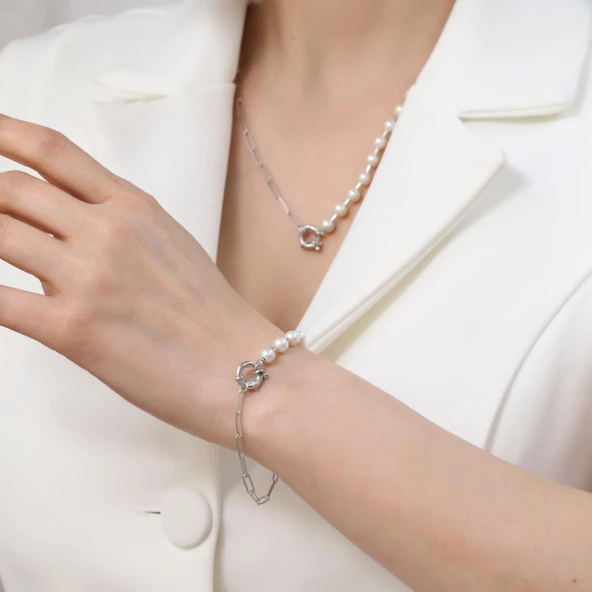 925 Ayar Gümüş Gerçek Kültür İnci ve Yarı Zincirli Kolye Çap:5mm - CNP00147 - Resim 3