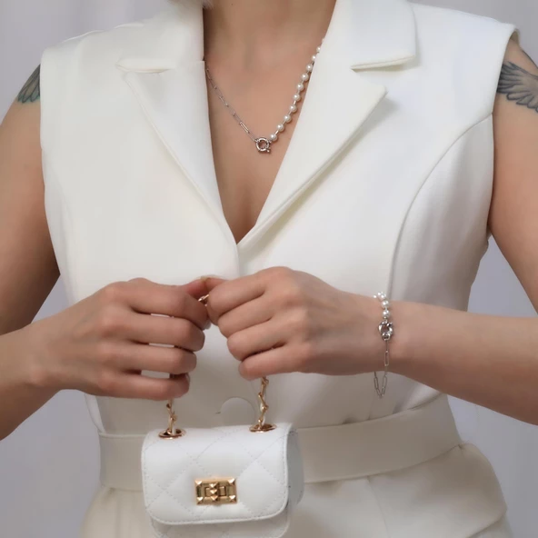 925 Ayar Gümüş Gerçek Kültür İnci ve Yarı Zincirli Kolye Çap:5mm - CNP00147 - Resim 4