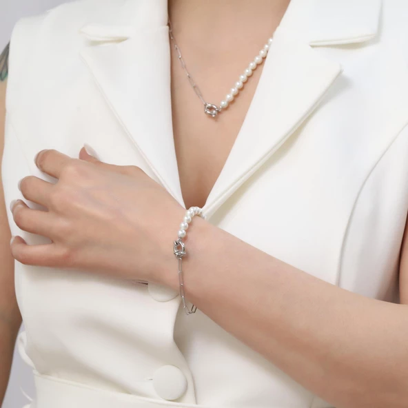 925 Ayar Gümüş Gerçek Kültür İnci ve Yarı Zincirli Kolye Çap:5mm - CNP00148 - Resim 3