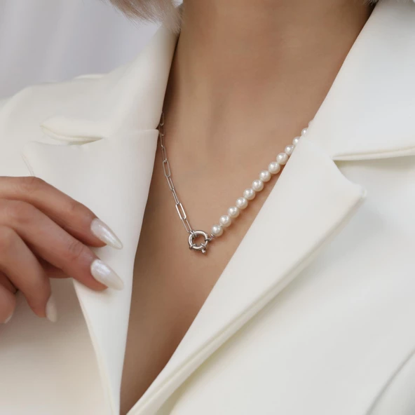 925 Ayar Gümüş Gerçek Kültür İnci ve Yarı Zincirli Kolye Çap:5mm - CNP00148 ürün görseli 1