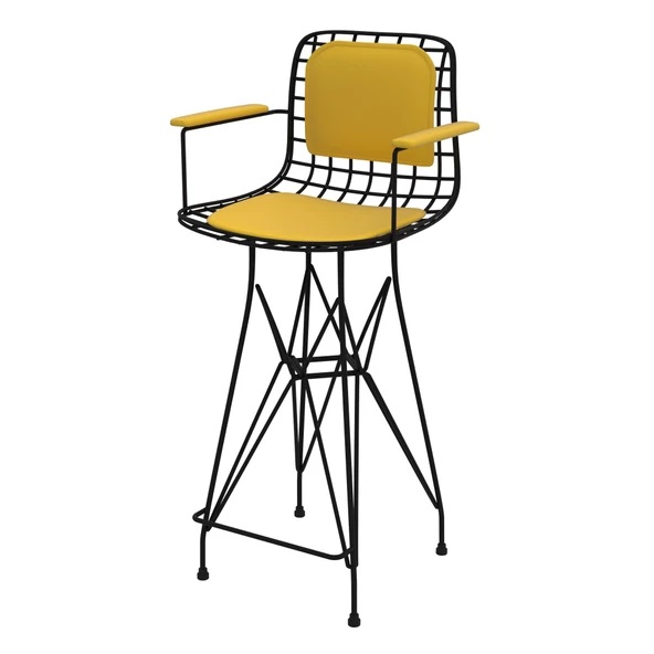 Knsz orta boy tel bar sandalyesi 1 li mağrur syhsrı kolçaklı sırt minderli 65 cm oturma yüksekliği mutfak bahçe cafe ofis ürün görseli