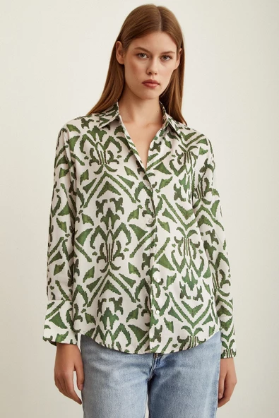 V Yaka Desenli Saten Gömlek Haki - Resim 6