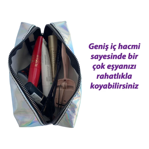 Makyaj Çantası Gümüş Renkli Düzenleyici Seyahat Tipi Aynalı Kumaş Çok Amaçlı Çanta Organizer - 2