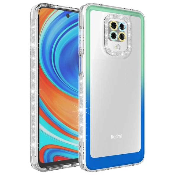 Xiaomi Redmi Note 9S Kılıf Simli ve Renk Geçiş Tasarımlı Lens Korumalı Uyumlu Park Kapak