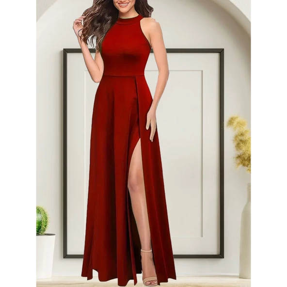 Kadınhalter Yaka Derin Yırtmaç Detaylı Tam Boy Ithal Krep Abiye Elbise - Resim 3