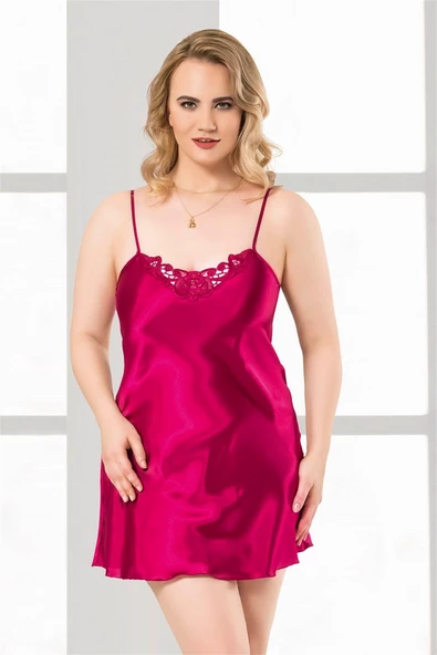 Shopidik  Büyük Beden Vişne Kısa Saten Gecelik