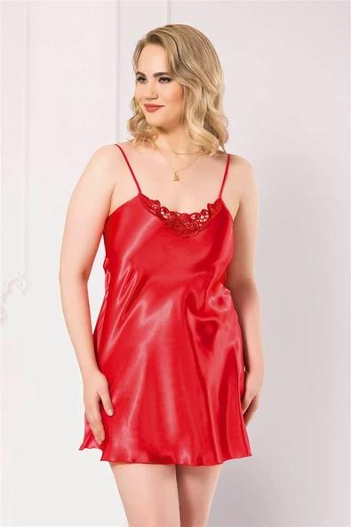 Shopidik  Büyük Beden Kırmızı Kısa Saten Gecelik