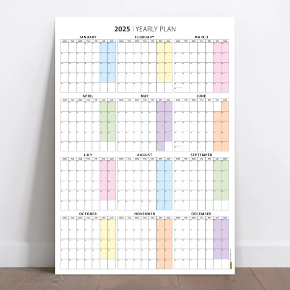 2025 Yıllık Planlayıcı Duvar Takvimi, PASTEL Renkler - 2