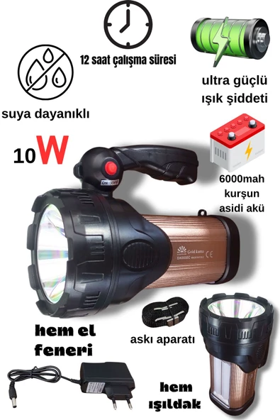 Prejektör 10w Led Şarjlı El Feneri Sos Ve Uzun Menzil Powerbank Usb Çıkış + Yan Aydınlatma