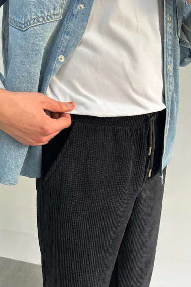 Erkek Beli Lastikli Baggy Kalıp Kadife Pantolon - 11