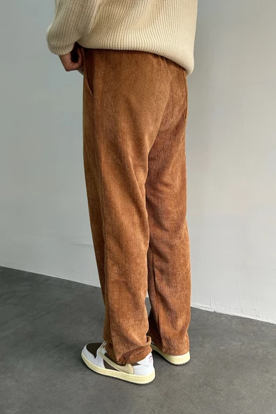 Erkek Beli Lastikli Baggy Kalıp Kadife Pantolon - 7