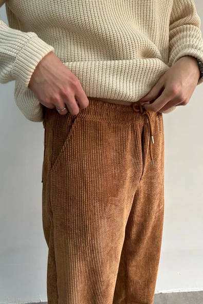 Erkek Beli Lastikli Baggy Kalıp Kadife Pantolon - 9