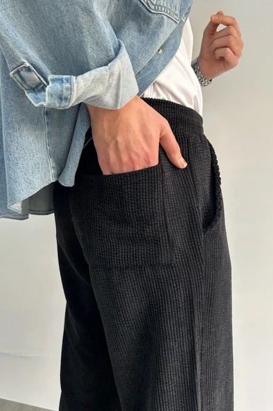 Erkek Beli Lastikli Baggy Kalıp Kadife Pantolon - 12