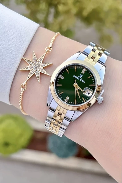 Daniel Klein DKISTE1242 Kadranı Yeşil Kordonu Gold Gümüş Renk Hediye Paketli Kadın Kol Saati ve Bileklik - Resim 2