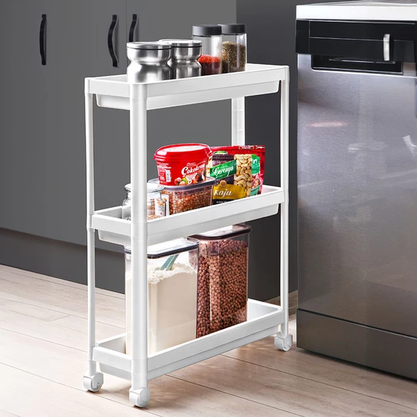 Slim 3 Katlı Tekerlekli Raf Ünitesi Beyaz, Banyo Rafı, Mutfak Rafı, Servis Sehpası, Organizer - 3