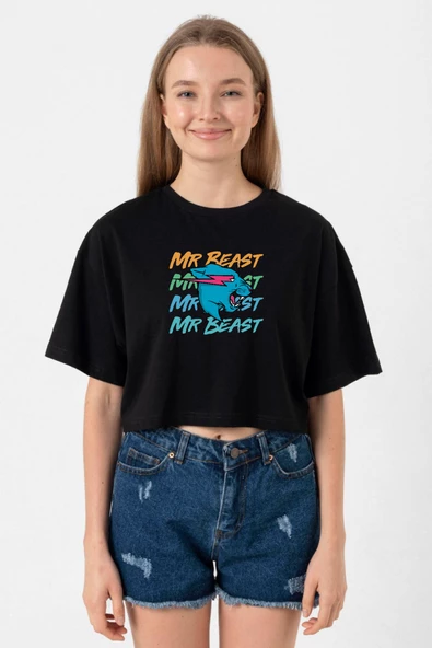 Mr Beast Lettern Siyah Kadın Crop Tshirt