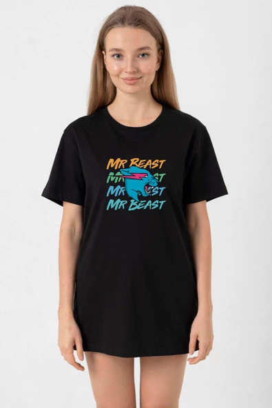 Mr Beast Lettern Siyah Kadın Oversize Tshirt ürün görseli 1