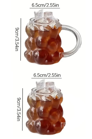 6lı Üzümlü Boncuk Bardak Pipetli Cam 350 ml Kulplu Kulpsuz Meşrubat Su Kahve Sunum Kokteyl Bardağı - 6