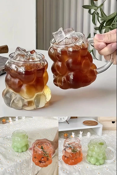 6lı Üzümlü Boncuk Bardak Pipetli Cam 350 ml Kulplu Kulpsuz Meşrubat Su Kahve Sunum Kokteyl Bardağı - 2