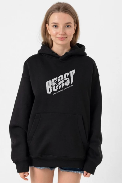 Mr Beast Make The World Siyah Kadın 3ip Kapşonlu ürün görseli