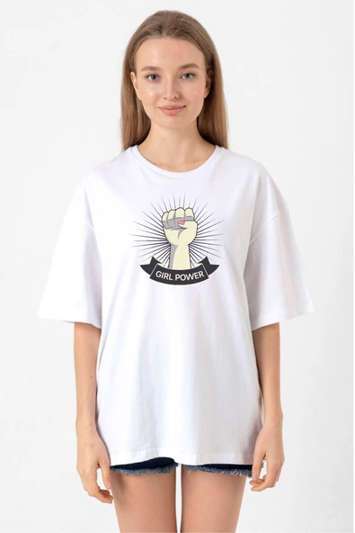 Girl Power Beyaz Kadın Oversize Tshirt