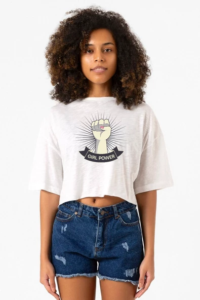 Girl Power Beyaz Kırçıllı Kadın Crop Tshirt ürün görseli 1