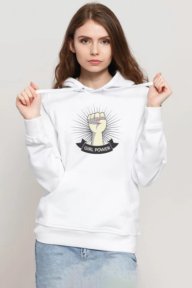 Girl Power Beyaz Kadın 3ip Kapşonlu Sweatshirt