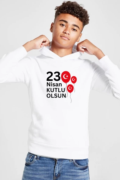23 Nisan Balon Beyaz Çocuk 3ip Kapşonlu  Sweatshirt