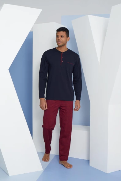 Kly 9258 Erkek Diğmeli Midi Yaka Uzun Kol Pijama Takım - 3