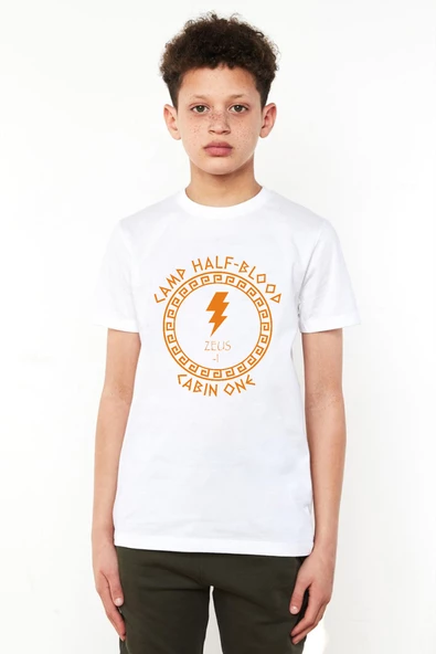 Camp Half Blood Zeus Beyaz Çocuk Bisikletyaka Tshirt