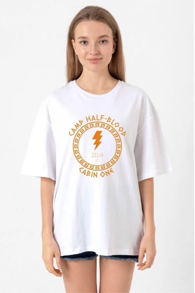 Camp Half Blood Zeus Beyaz Kadın Oversize Tshirt - 1