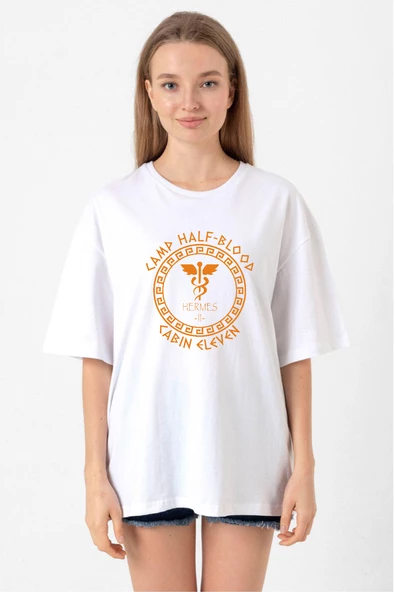 Camp Half Blood Hermes Beyaz Kadın Oversize Tshirt ürün görseli 1