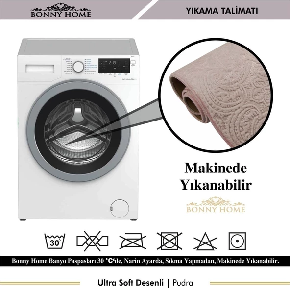 Bonny Home Ultrasoft Desenli 3lü Pudra Klozet Takımı Banyo Halısı Paspası Seti - 4