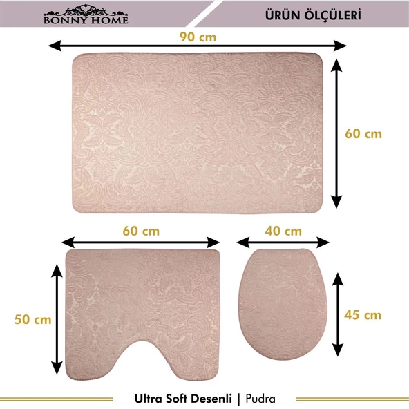 Bonny Home Ultrasoft Desenli 3lü Pudra Klozet Takımı Banyo Halısı Paspası Seti - 3